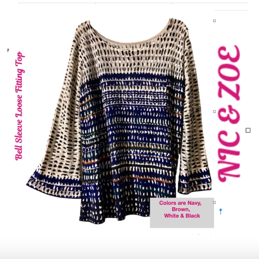 NIC & ZOE Over Sized Bell Sleeve  Top Navy, Brown, Gray Black & White